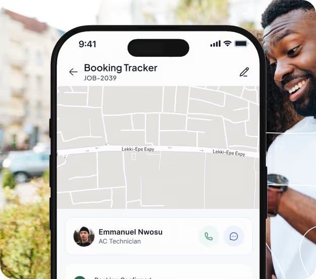 Phone screen showing Booking Tracker app with map and technician Emmanuel Nwosu's contact info.